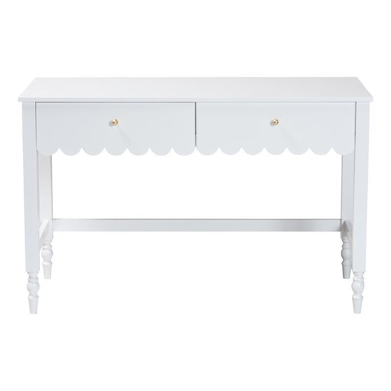 Baxton Studio Roni Writing Desk with Drawers - Modern Cottage Style Desk with Scalloped Detailing for Home Office or Vanity, White image number 3