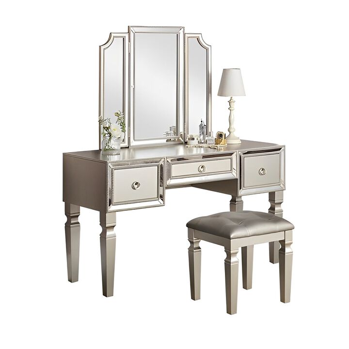 Thuy 60 Inch Vanity Desk Set, Upholstered Stool, Trifold Mirror, Silver-Benzara