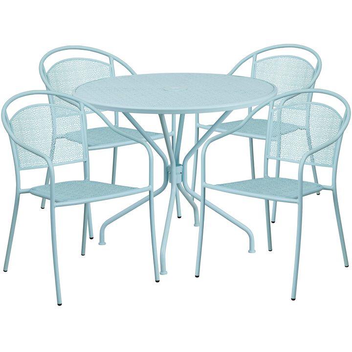 Flash Furniture Oia Commercial Grade 35.25" Round Sky Blue Indoor-Outdoor Steel Patio Table Set with 4 Round Back Chairs