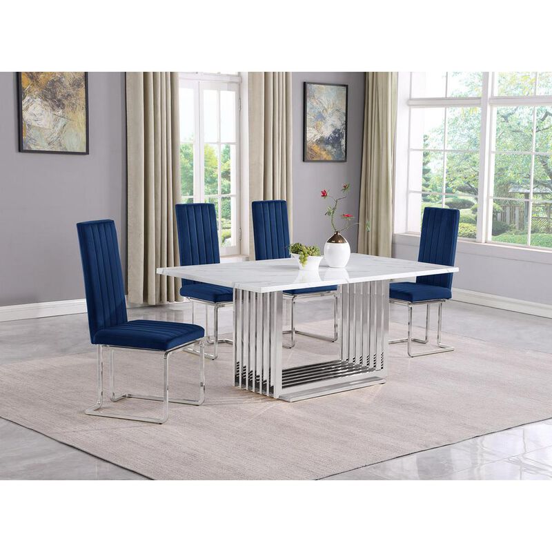 5pc Small(68") marble top dining set with silver base and 4 Navy Blue chairs