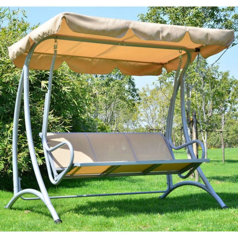 Hivvago Sturdy 3-Person Outdoor Patio Porch Canopy Swing in Sand Color