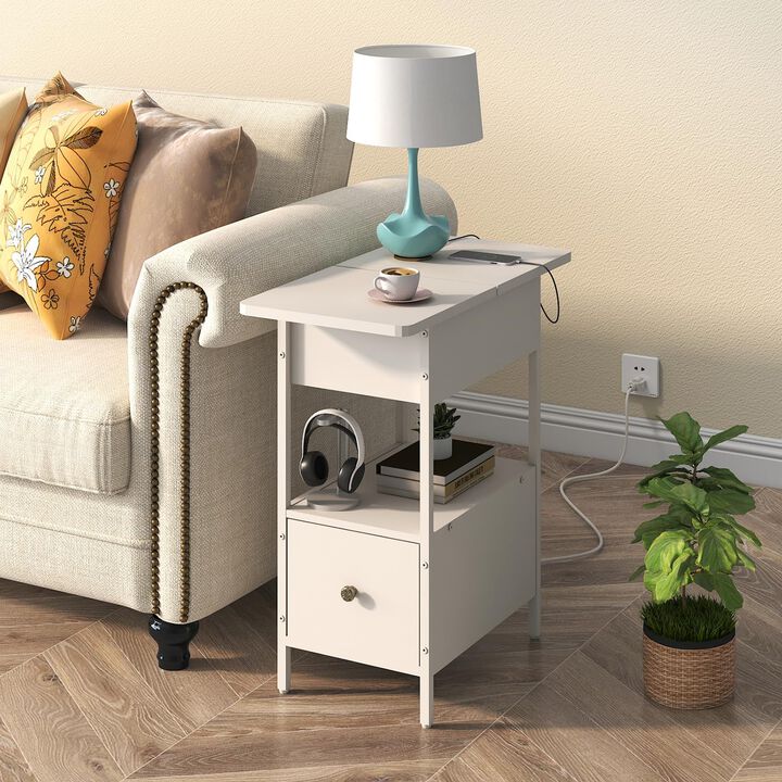 SOOWERY End Table with Charging Station, Narrow Side Table with Flip Top Cabinet and Fabric Drawer, Nightstand Bedside Tables fo