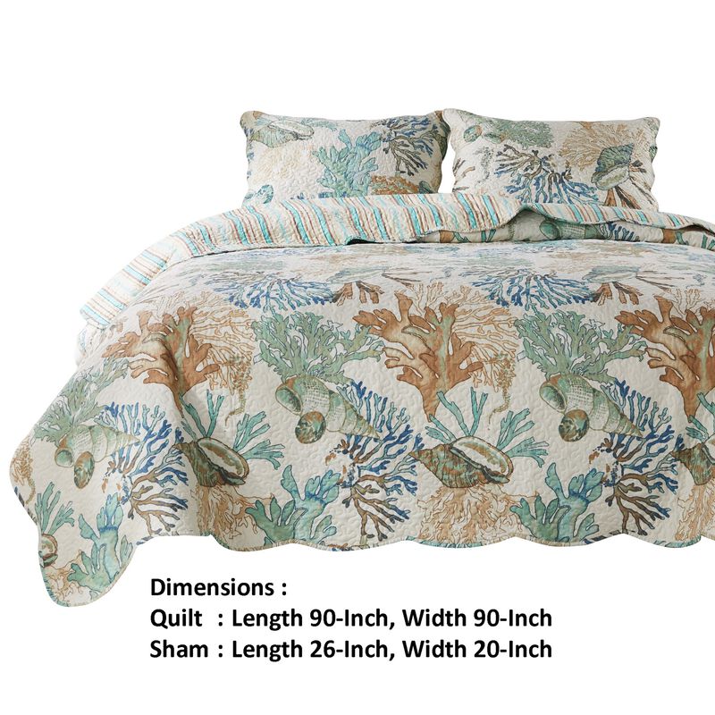 Wade 3pc Full/Queen Quilt Set with Sham, Jade Blue Coastal Microfiber - Benzara