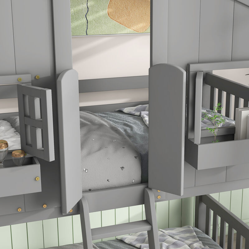 Twin over Twin House Bunk Bed with Roof , Window, Window  Box, Door , with Safety Guardrails and Ladder