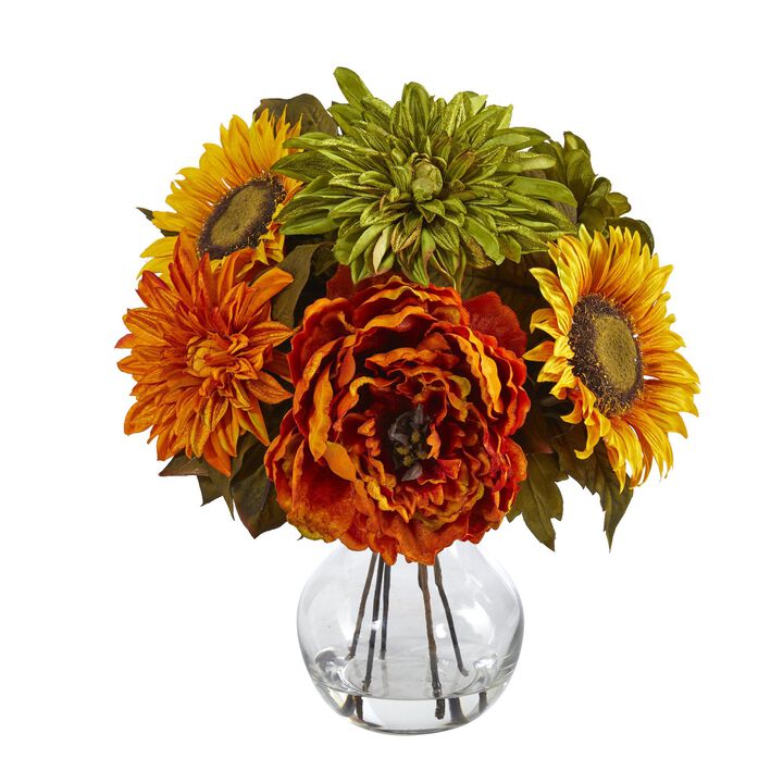 Nearly Natural 12-in Peony, Dahlia and Sunflower Arrangement in Glass Vase