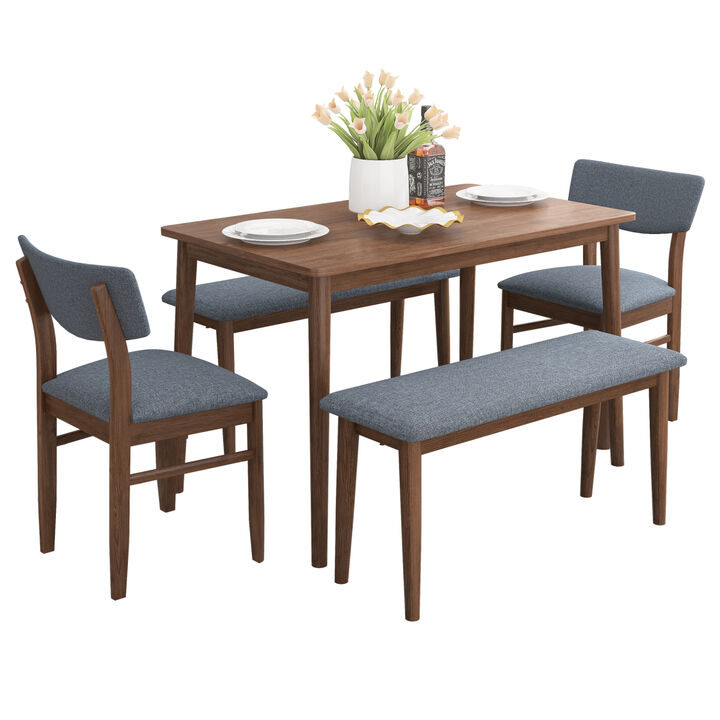 Modern Dining Table Set with 2 Benches and 2 Chairs Fabric Cushion for 6 All Rubber wood Kitchen Dining Table for Dining Room Small Space Grey