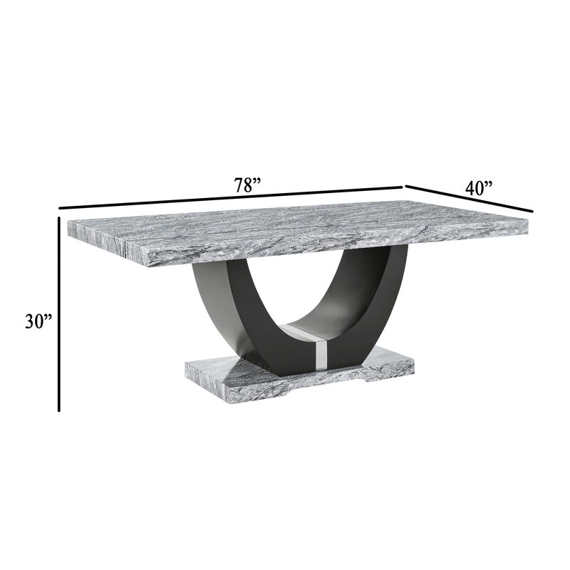 Lira Dining Table, 78 Inch Faux Marble Top, Black U Shaped Pedestal image number 5
