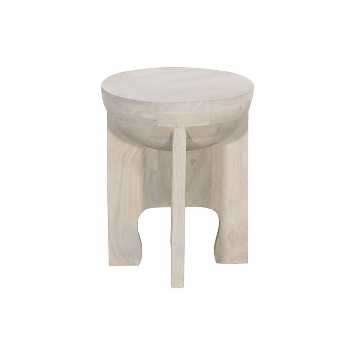 Tomas 20 Inch Side End Table, Mango Wood Drum Top, Classic Washed White