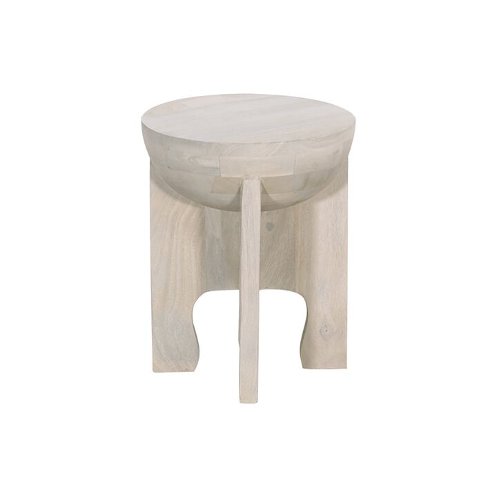 Tomas 20 Inch Side End Table, Mango Wood Drum Top, Classic Washed White - Benzara