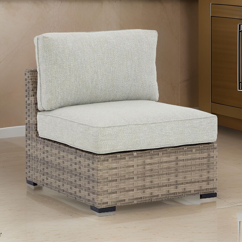 Walter 34 Inch Outdoor Armless Chair Set of 2, Wicker, Beige Fabric Cushion - Benzara