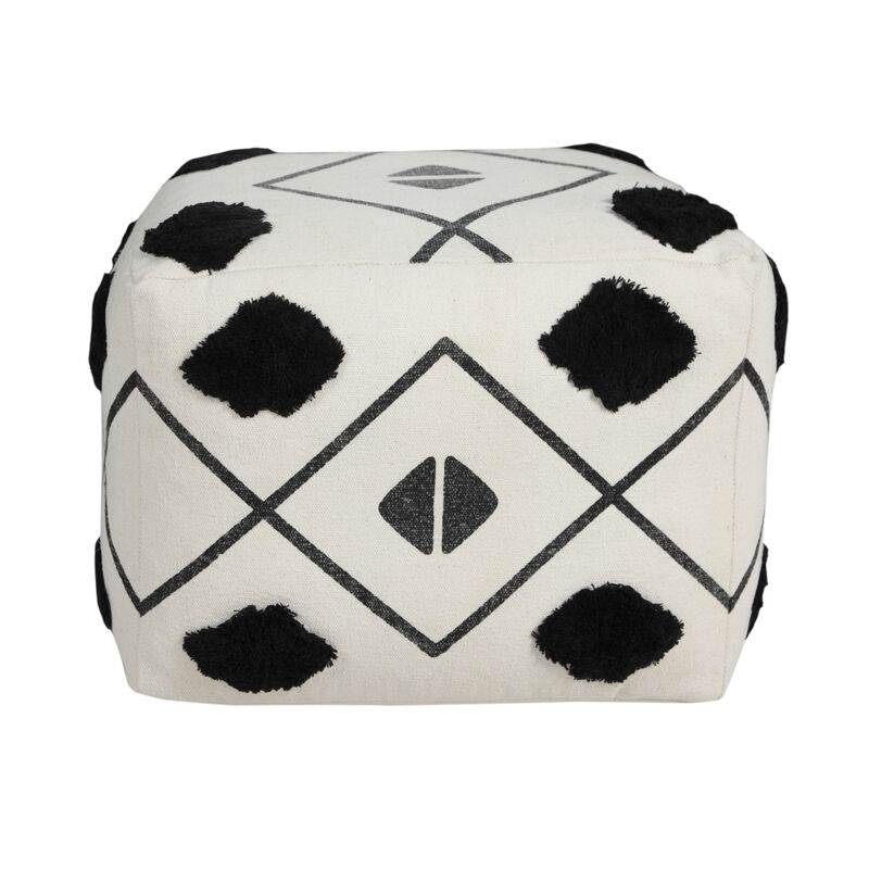 Hivvago 18 Inch White Cotton Geometric Pouf Ottoman