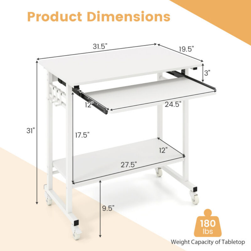 Rolling Computer Table with Keyboard Tray and Storage Hooks image number 2