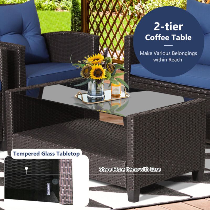 Hivvago 4 Pieces Patio Rattan Furniture Set with Tempered Glass Coffee Table