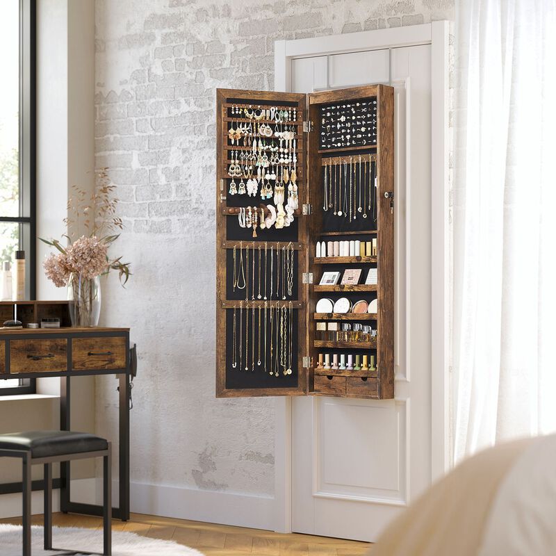 Wall/Door Mounted Jewelry Armoire 6-LED Mirror Cabinet with Lock, 2 Drawers, and Organizer