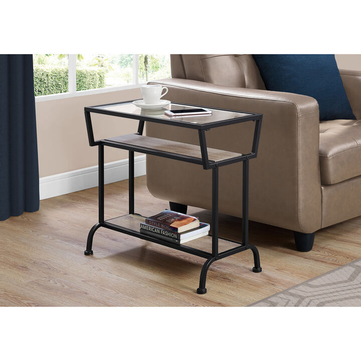 Monarch Specialties I 2067 Accent Table, Side, End, Narrow, Small, 2 Tier, Living Room, Bedroom, Metal, Tempered Glass, Laminate, Brown, Black, Contemporary, Modern