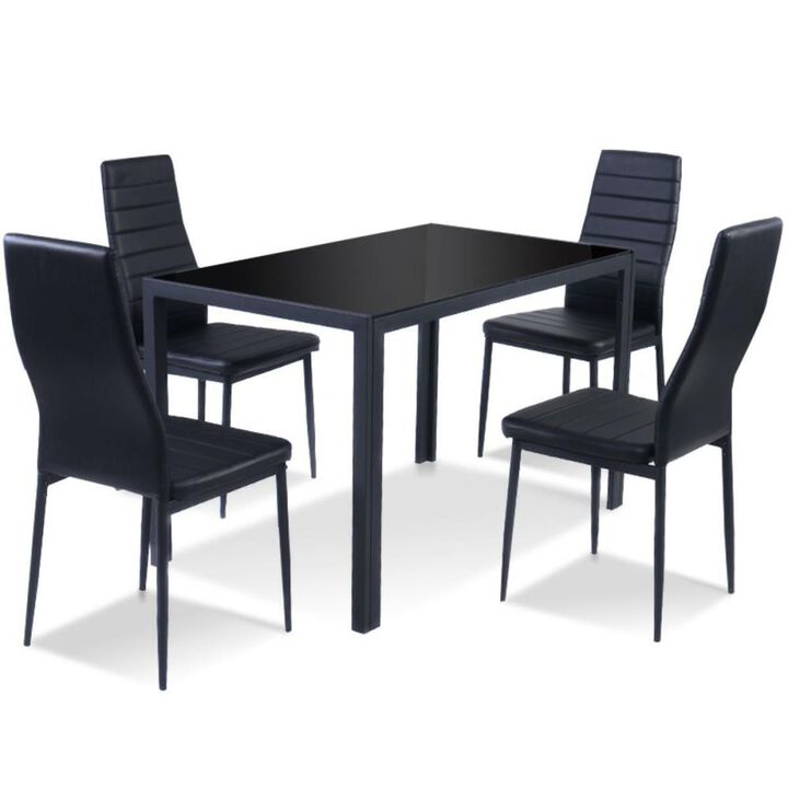 Hivvago 5 Piece Black Glass Tabletop Dining Set With Soft Leather Chairs