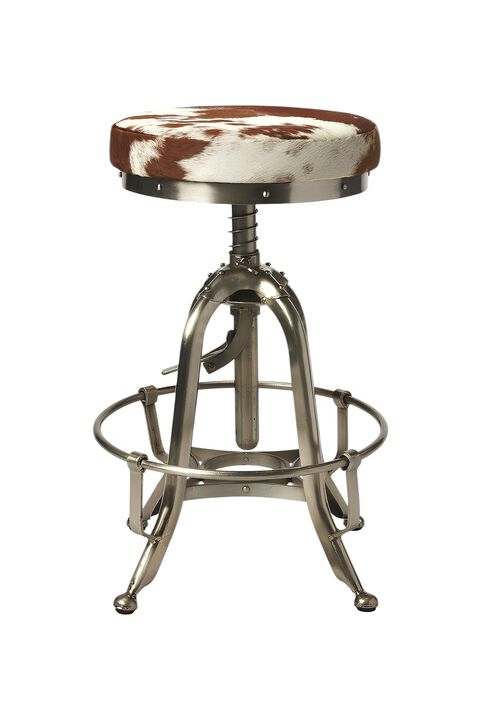 HomeRoots Brown White And Silver Genuine Leather And Iron Backless Swivel Bar Chair