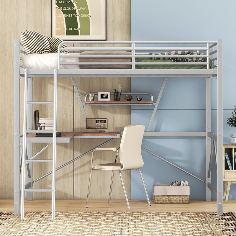 Whisen Modern Full Size Metal Loft Bed with Built-in Desk, Shelf and Ladder - Silver