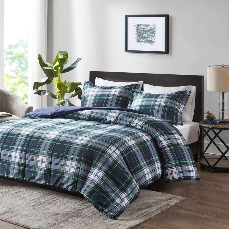 Madison Park Essentials Parkston Plaid Comforter, Matching Sham, 3M Scotchguard Stain Release Cover, Hypoallergenic All Season B