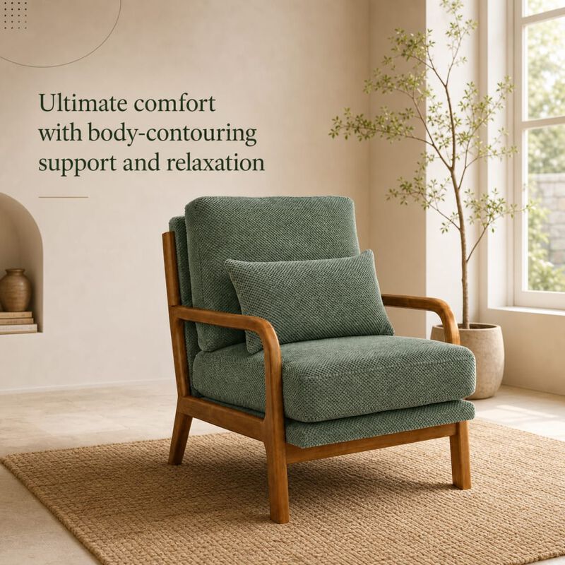 GOODSILO Mid-Century Modern Wooden Lounge Chair with Nubby Upholstery, High-Density Foam Cushion for Home and Office Use image number 4