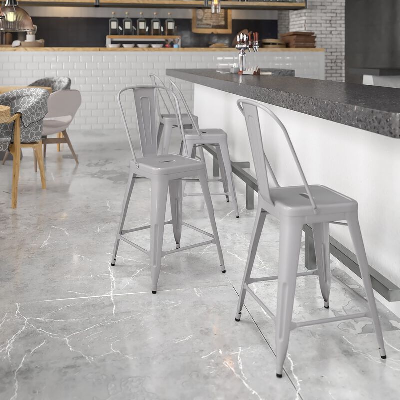 Flash Furniture Commercial Grade 24" High Silver Metal Indoor-Outdoor Counter Height Stool with Removable Back image number 1