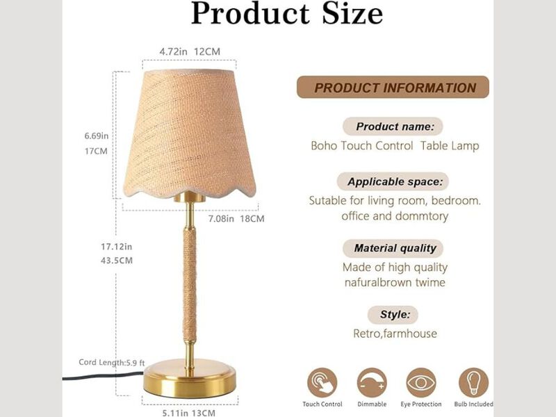 Boho Table Lamp with Rattan Shade, Brass Base, Touch Control Bedside Lamp image number 2