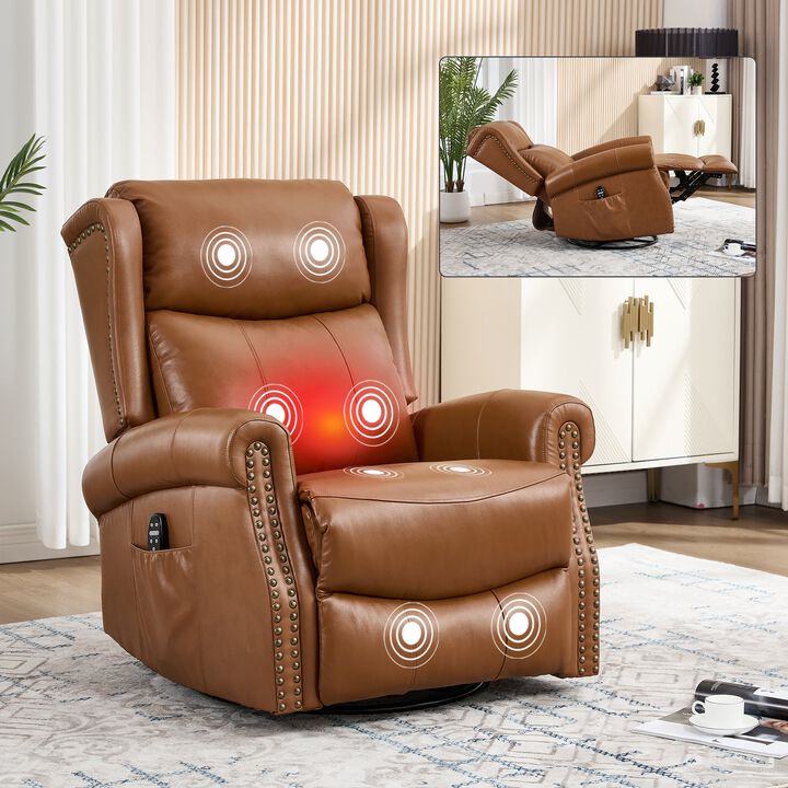 Genuine leather Heat Massage Manual Recliner Chair with Rocker and Swivel for Living Room