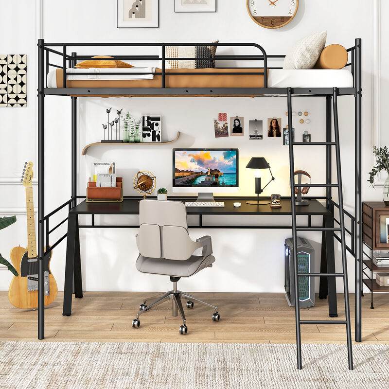 Loft Bed Metal Bed Frame with Ladder and Guardrails