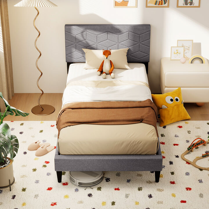 Platform Bed Frame with Linen Upholstered Headboard, Modern Style