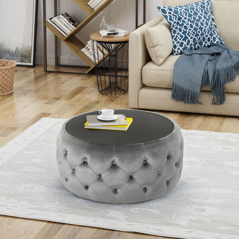 Streamdale Modern Glam Diamond Tufted Velvet Ottoman with Tempered Glass Top