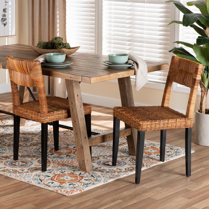 Baxton Studio Manrico Modern Bohemian Dark Brown Finished Wood and Natural Rattan 2-Piece Dining Chair Set