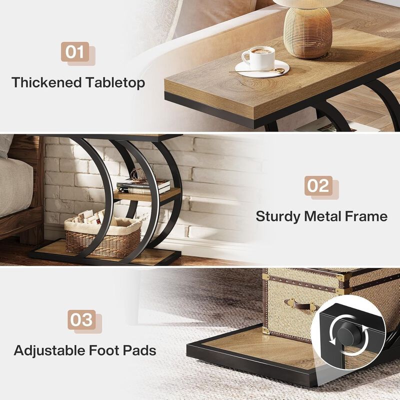 C-Shaped End Table, 3-Tier Side Table with Storage for Living Room image number 3