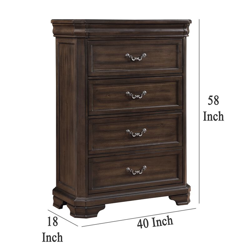 Lynda Tall Dresser Chest, 4 Drawers, Walnut Brown Solid Acacia Wood - Benzara