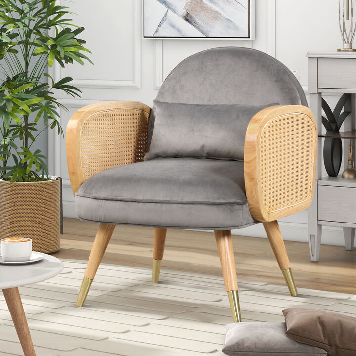 Armchair with Rattan Armrest and Metal Legs Upholstered Mid Century Modern Chairs for Living Room or Reading Room, Grey