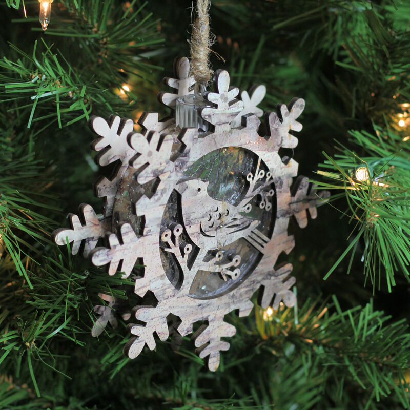 6" Brown and Gray Pre-Lit Snowflake with Bird Christmas Ornament image number 2