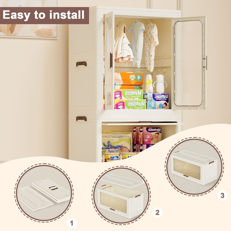 Clihome Portable Wardrobe Closet Storage Organizer,Clothes Dresser,Magnetic Doors with 4 Cubes & Hanging Rod image number 6