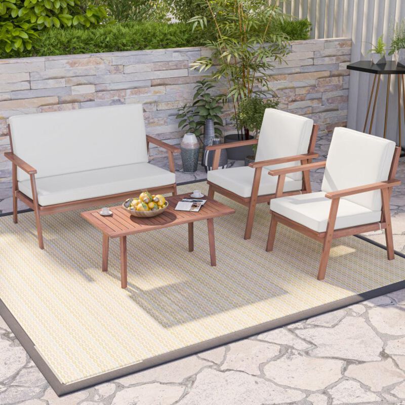 Hivvago 4 Piece Outdoor Acacia Wood Conversation Set with Soft Seat and Back Cushions