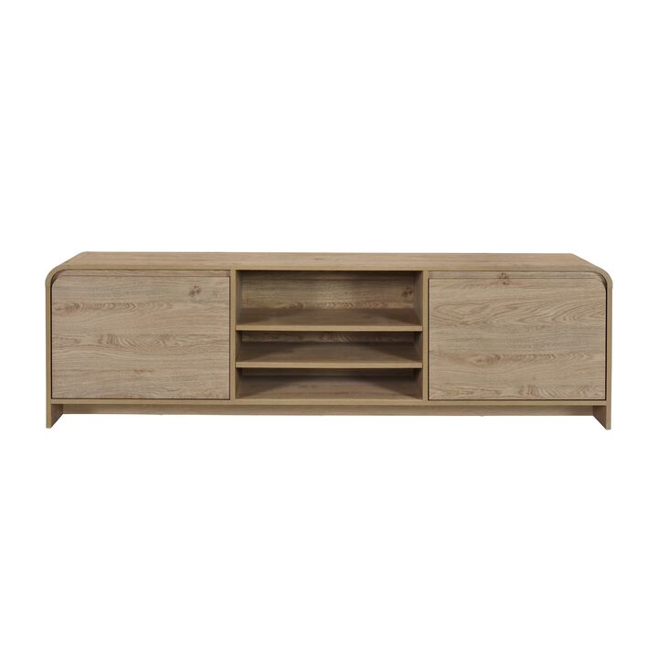 Maria TV Stand Media Cabinet, 2 Drawer and Shelves, Beige Wood 71 Inch - Benzara