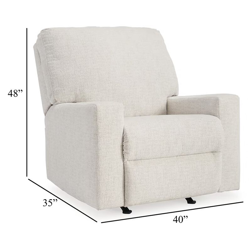 Anise Manual Rocker Recliner Chair, Pull Tab, Snow White Polyester - Benzara
