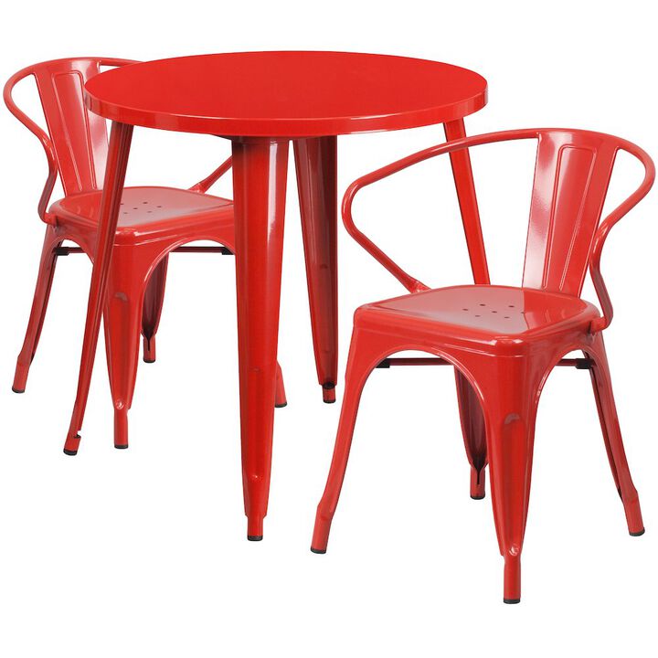 Flash Furniture 30" Round Metal Indoor-Outdoor Table Set with 2 Arm Chairs