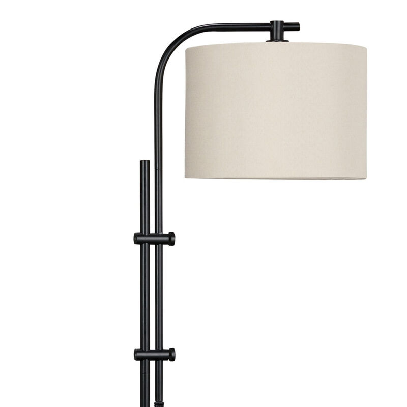 Mney Floor Lamp, Adjustable Arm, White Drum Shade, 60 Inch Black Metal - Benzara