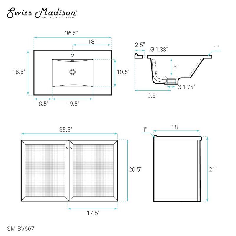 Classe 36 in. Wall Hung Bathroom Vanity with Ceramic Sink Top image number 6