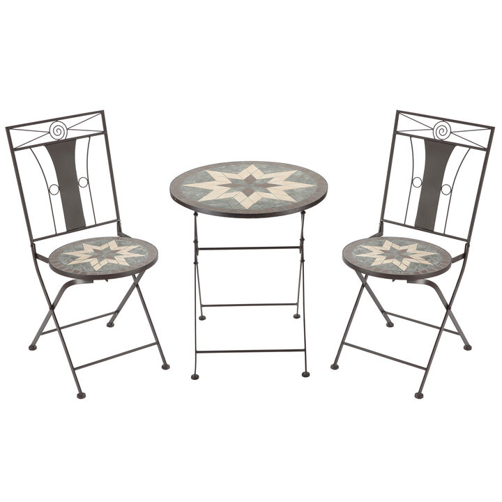 3pc Outdoor Patio Dining Set, 2 Folding Chairs, Table, 8-Pointed Star Mosaic