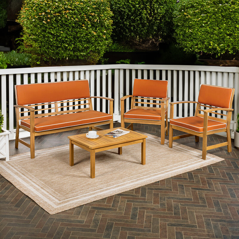 Barclay 4-Piece Modern Coastal Acacia Wood Conversation Outdoor Patio Set with Cushions, Navy/Teak Brown