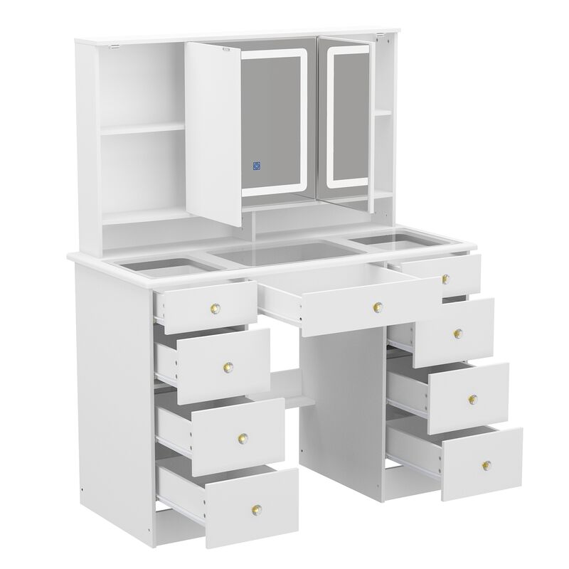 FUFU&GAGA White Wood Makeup Vanity Desk with 9 Drawers, Glass Top, LED Lighted Tri-Fold Mirror & Hidden Storage Shelves (43.3 in. W x 53.9 in. H x 19.7 in. D), White