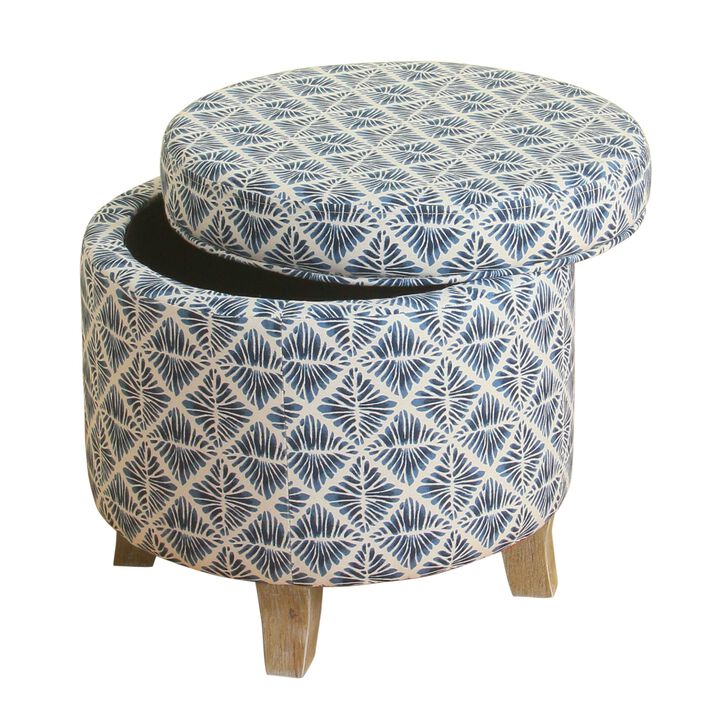 Round Shaped Fabric Upholstered Wooden Ottoman with Lift Off Lid Storage, Blue and White - Benzara