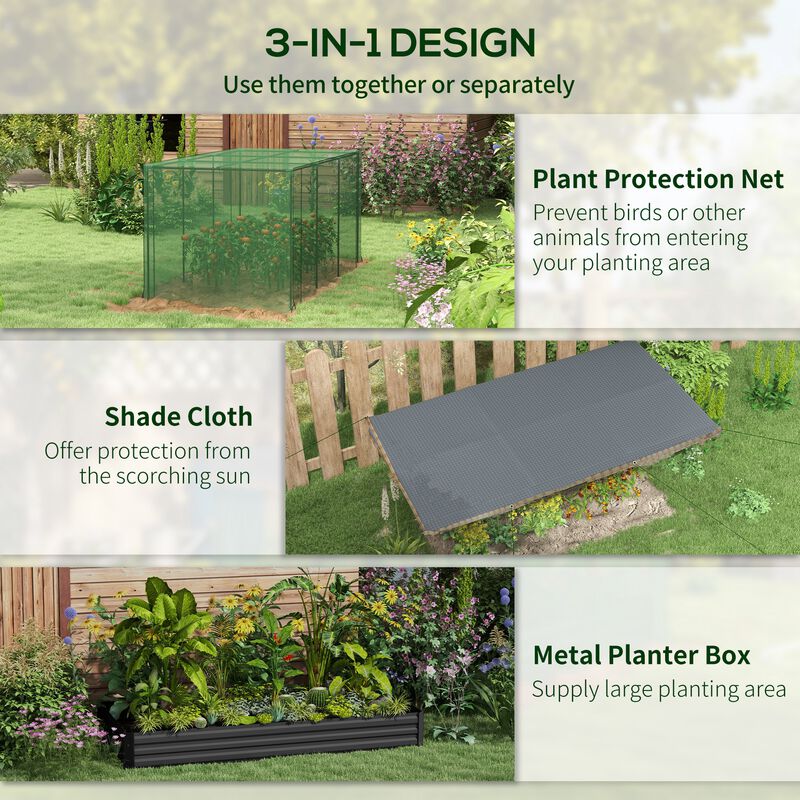 Outsunny Galvanized Raised Garden Bed with Crop Cage Plant Protection Net and Shade Cloth Roof, Metal Planter Box with Cover for Vegetables, Flowers, Herbs, Gray