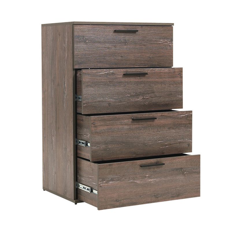 Levy Tall Dresser Chest, 4 Jumbo Drawers, Farmhouse Rustic Gray Wood Finish - Benzara