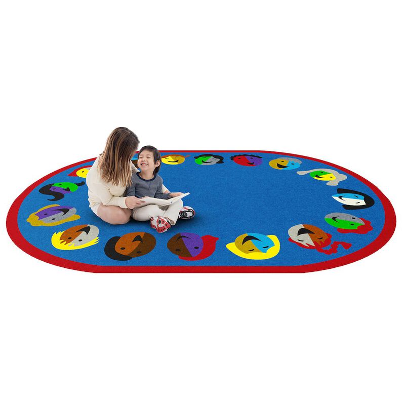 Joy Carpets Kid Essentials Joyful Faces 7'8 x 10'9 Oval Area Rug in Color Blue