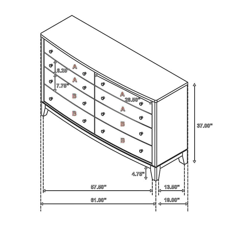 Heon Wide Dresser, 8 Drawers w Round Nickel Knobs, Natural Brown Pine - Benzara